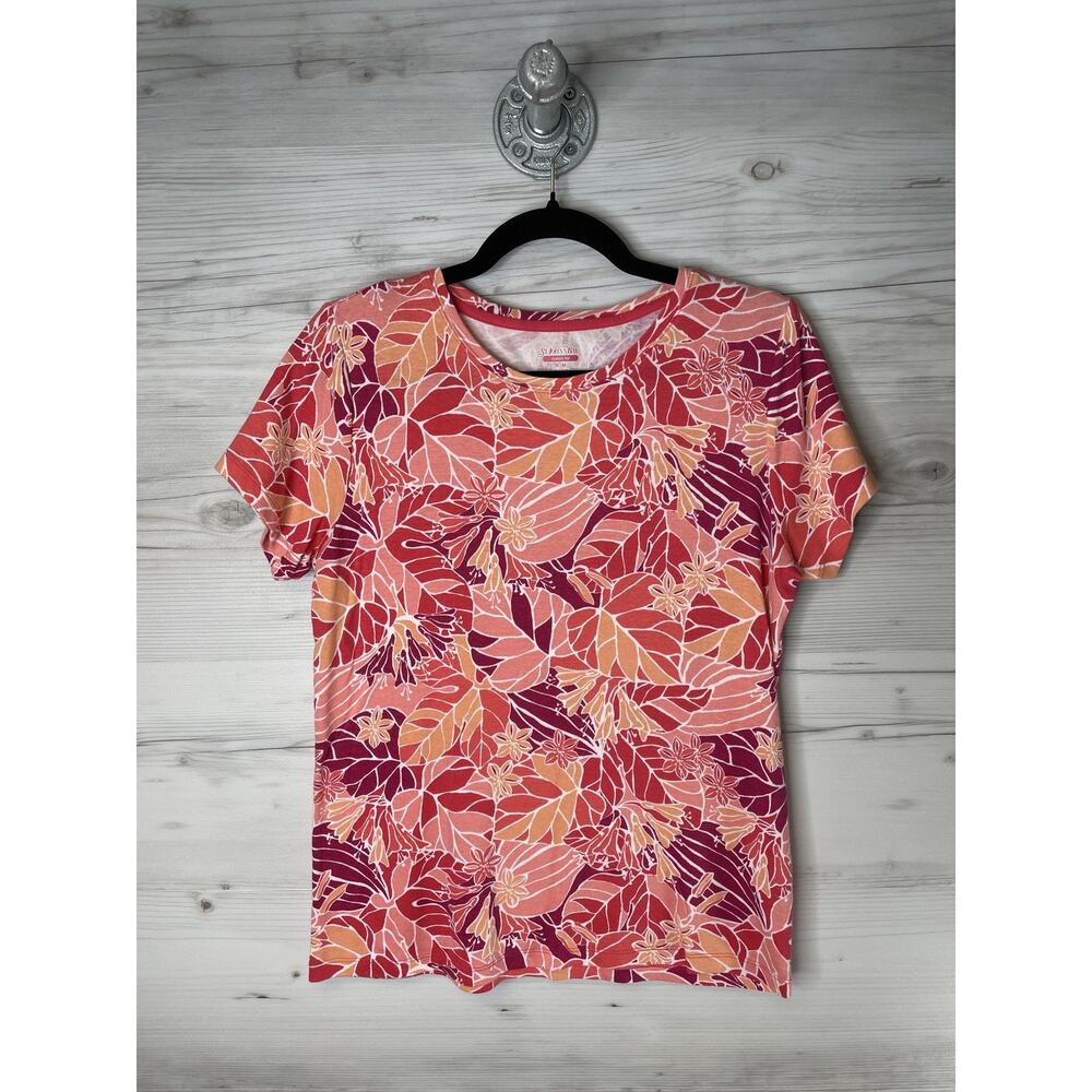 St. John's Bay Shirt Womens Medium Pink Orange Floral Classic Tee Cotton Print